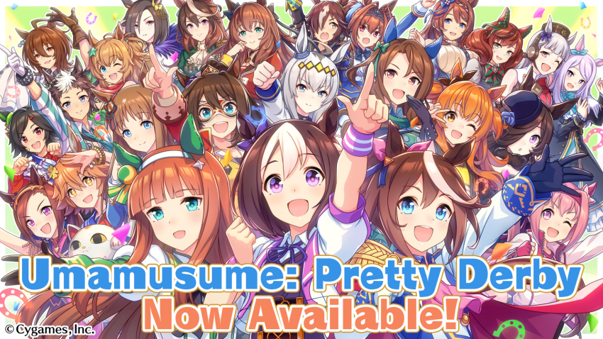 6+girls agnes_tachyon_(umamusume) ahoge air_groove_(umamusume) animal_ears arm_up blue_eyes blunt_bangs bow breasts commentary company_name confetti copyright_name copyright_notice cygames daiwa_scarlet_(umamusume) ear_bow ear_covers ear_ornament ear_ribbon english_commentary english_text everyone flower_in_eye gloves gold_ship_(umamusume) grass_wonder_(umamusume) green_bow grey_hair hair_between_eyes hair_ornament hair_over_one_eye haru_urara_(umamusume) highres horse_ears horse_girl horseshoe_ornament king_halo_(umamusume) long_hair long_sleeves maneki-neko maruzensky_(umamusume) mask matikanefukukitaru_(umamusume) mayano_top_gun_(umamusume) medium_hair mejiro_mcqueen_(umamusume) mejiro_ryan_(umamusume) multicolored_hair multiple_girls nice_nature_(umamusume) official_art oguri_cap_(umamusume) one_eye_closed open_mouth orange_hair pink_hair pointing puffy_short_sleeves puffy_sleeves purple_eyes purple_hair ribbon rice_shower_(umamusume) sakura_bakushin_o_(umamusume) second-party_source short_hair short_sleeves silence_suzuka_(umamusume) single_ear_cover smile special_week_(umamusume) super_creek_(umamusume) symbol_in_eye symboli_rudolf_(umamusume) taiki_shuttle_(umamusume) teeth tokai_teio_(umamusume) umamusume upper_body upper_teeth_only vodka_(umamusume) white_gloves white_hair winning_ticket_(umamusume)