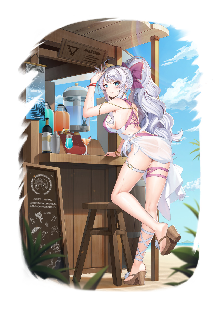 1girl absurdres ahoge alpha_transparency arm_up ass back bangle bare_legs bare_shoulders blue_eyes bow bracelet breasts counter:side cup drinking_glass earrings from_behind full_body hair_bow highres huge_filesize jewelry lara_jaeger large_breasts leaning_forward long_hair looking_at_viewer looking_back official_art one-piece_swimsuit ponytail sandals sarong see-through_clothes serina_crew sign smile solo standing stool swimsuit thigh_strap transparent_background two-tone_swimsuit very_long_hair white_hair