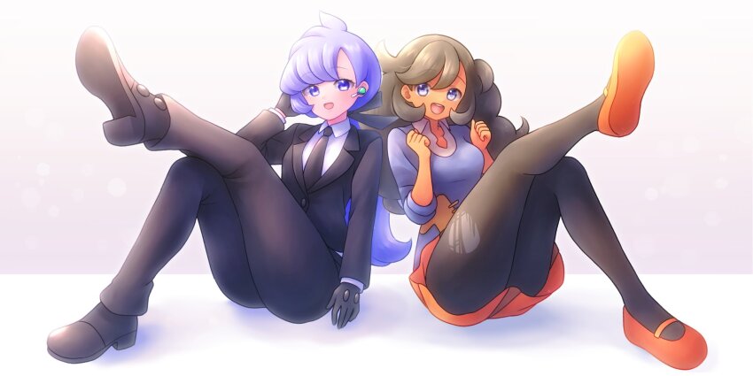 2girls anabel_(pokemon) black_gloves black_hair black_leggings black_suit blue_sweater breasts dark-skinned_female dark_skin dress_shoes earphones emma_(pokemon) formal_clothes gloves gradient_background grey_background hand_on_own_head highres katsuonoeboebo leg_up leggings long_hair medium_breasts multiple_girls nintendo on_floor open_clothes orange_skirt pantyhose patterned_background pokemon pokemon_sm pokemon_xy ponytail purple_eyes purple_hair shoes skirt suit sweater teeth tongue torn_clothes torn_pantyhose white_background