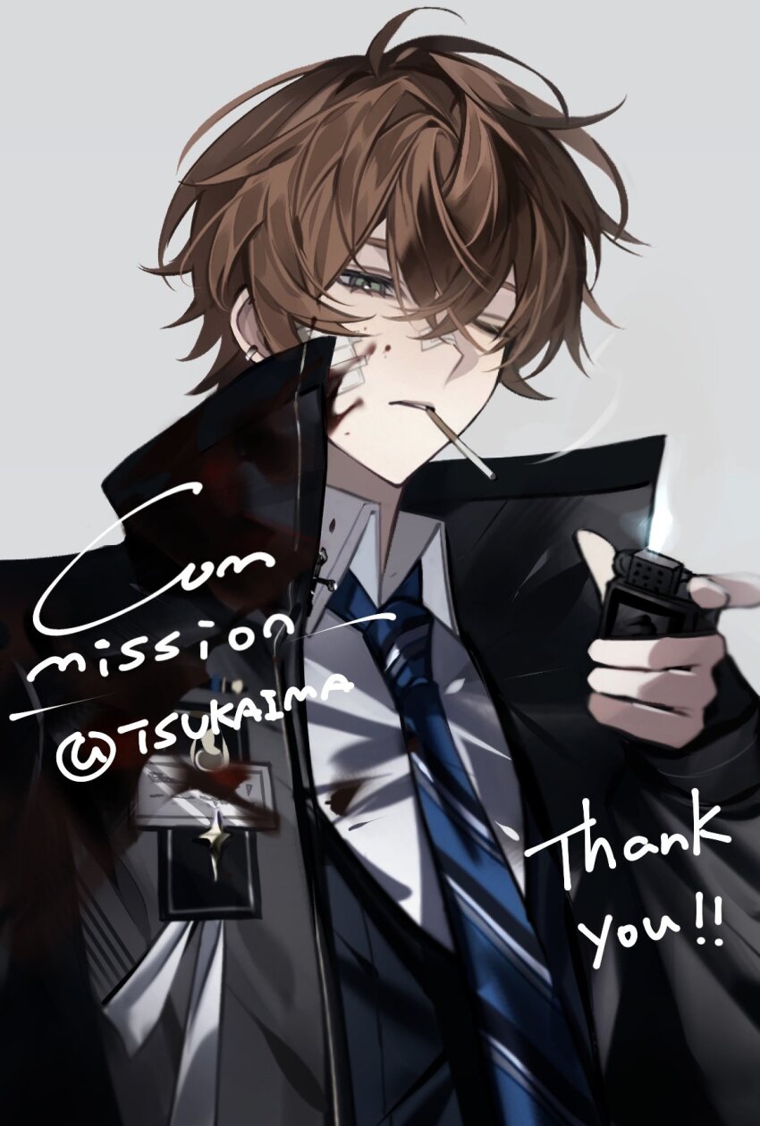 1boy bandaid bandaid_on_face black_coat blood blood_on_face blue_eyes blue_necktie brown_hair cigarette coat collared_shirt earrings english_text grey_background hair_between_eyes highres holding jacket jewelry lighter long_sleeves looking_at_viewer male_focus minirai0707 necktie one_eye_closed open_clothes open_coat original shirt short_hair simple_background smoke smoking twitter_username upper_body watermark white_shirt
