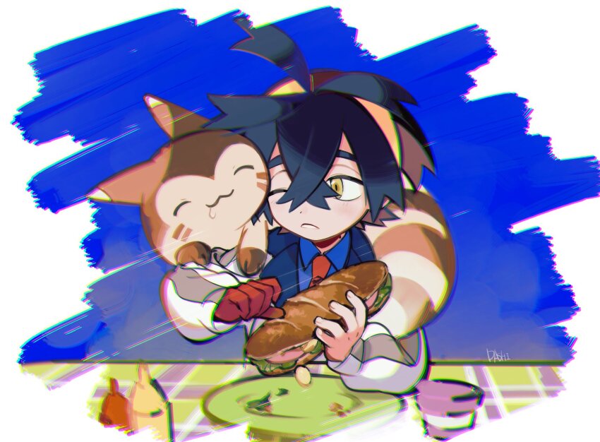 1boy :3 black_hair blue_shirt brown_hair closed_eyes crossed_bangs flower food furret gen_2_pokemon gloves hair_between_eyes hairband highres holding ieiieiiei kieran_(pokemon) long_sleeves male_focus multicolored_hair nintendo on_shoulder one_eye_closed plate pokemon pokemon_(creature) pokemon_on_shoulder pokemon_sv red_flower saliva sandwich shirt single_glove yellow_eyes yellow_hairband