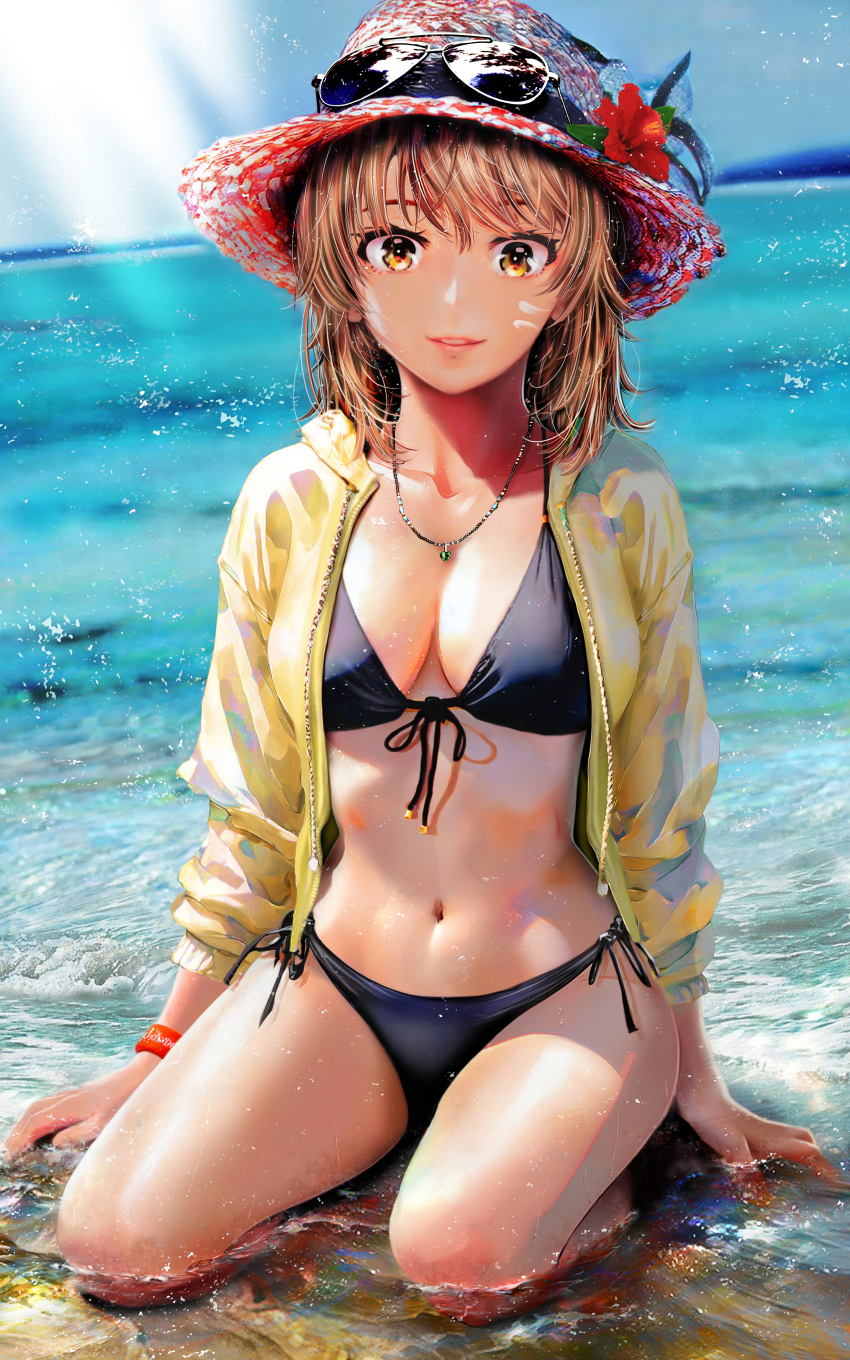 1girl absurdres bikini black_bikini breasts brown_hair cleavage commentary_request eyewear_on_headwear flower front-tie_bikini_top front-tie_top grace16 hat hat_flower highres isshiki_iroha jacket long_sleeves looking_at_viewer medium_hair ocean open_clothes open_jacket shallow_water side-tie_bikini_bottom solo sun_hat sunglasses swimsuit thighs unzipped variant_set water yahari_ore_no_seishun_lovecome_wa_machigatteiru. yellow_jacket