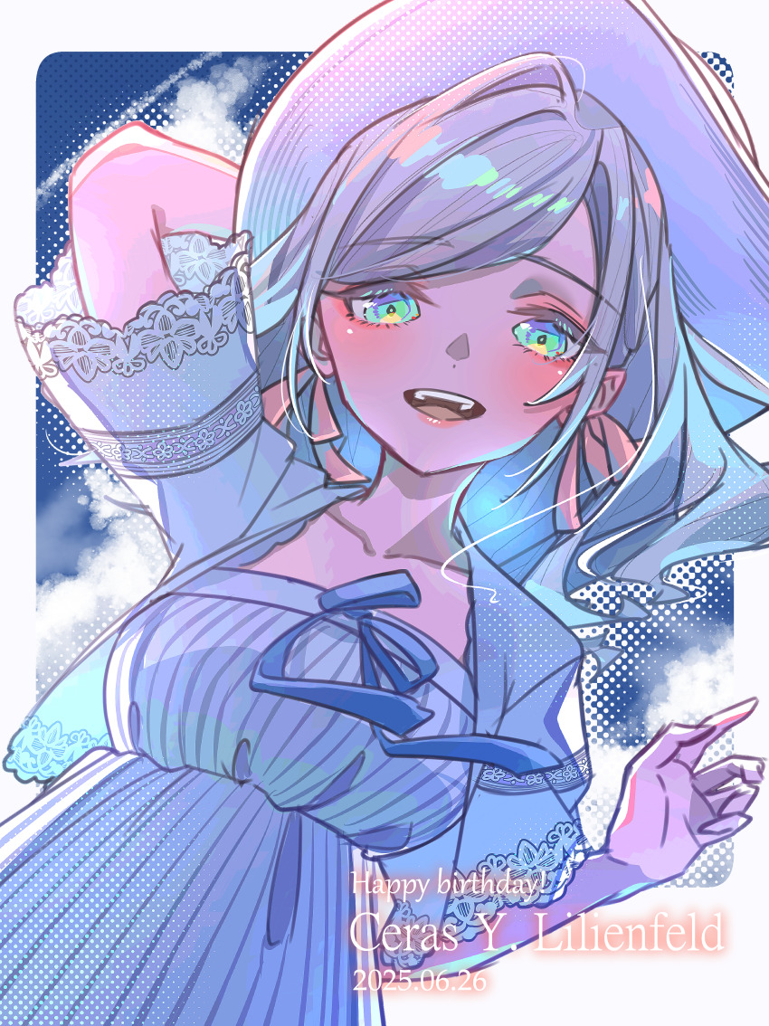 1girl :d absurdres artist_name blue_eyes blue_sky border breasts ceras_yanagida_lilienfeld ceras_yanagida_lilienfeld_(summer_casual) cloud collarbone commentary_request cowboy_shot dated dress grey_hair hair_ribbon halftone halftone_background happy_birthday hat highres jacket kirisaki_nuko lace-trimmed_jacket large_breasts link!_like!_love_live! long_hair looking_at_viewer love_live! official_alternate_costume open_clothes open_jacket open_mouth outside_border pink_ribbon ribbon short-sleeved_jacket short_sleeves sky sleeveless sleeveless_dress smile solo sun_hat virtual_youtuber white_border white_dress white_hat white_jacket