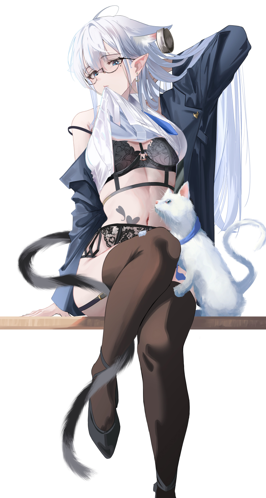 1girl absurdres adjusting_hair animal_ear_piercing aqua_eyes black_bra black_jacket black_panties black_shoes black_thighhighs blue_necktie bra breasts cat cat_girl cat_tail clothes_lift collared_shirt commentary_request earrings extra_ears eyelashes garter_straps glasses hair_between_eyes harness high_heels highres jacket jacket_partially_removed jewelry knee_up lace lace_bra lace_garter_belt long_hair long_sleeves looking_at_viewer medium_breasts mole mole_under_eye mouth_hold navel necktie no_pants o-ring o-ring_harness office_lady on_table open_clothes open_jacket original panties pointy_ears round_eyewear semi-rimless_eyewear shirt shirt_lift shoes simple_background sitting sleeveless sleeveless_shirt solo stomach_tattoo strap_slip suit_jacket table tail tanishi_(hetianming11093) tattoo thighhighs underwear white_background white_cat white_hair white_shirt