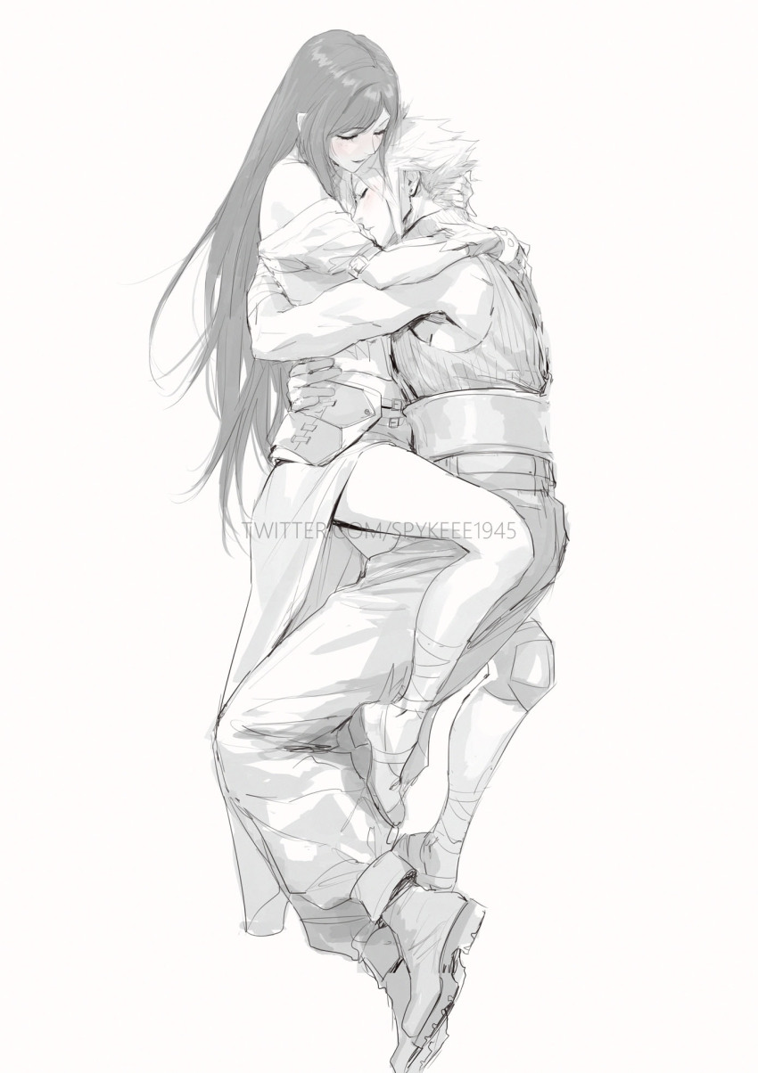 1boy 1girl asymmetrical_legwear baggy_pants bare_shoulders belt belt_buckle black_hair blush boots buckle closed_eyes closed_mouth cloud_strife comforting commentary commission couple cuddling earrings english_commentary feather-trimmed_gloves final_fantasy final_fantasy_vii final_fantasy_vii_ever_crisis from_side full_body greyscale hand_on_another&#039;s_head hand_on_another&#039;s_waist highres hug jewelry knee_pads legs long_hair long_skirt monochrome multiple_belts off-shoulder_shirt off_shoulder official_alternate_costume pants ribbed_sweater shirt short_hair simple_background single_knee_pad skirt sleeveless sleeveless_turtleneck spiked_hair spot_color spykeee stud_earrings sweater swept_bangs thighs tifa_lockhart tifa_lockhart_(feather_style) turtleneck turtleneck_sweater twitter_username vgen_commission white_background