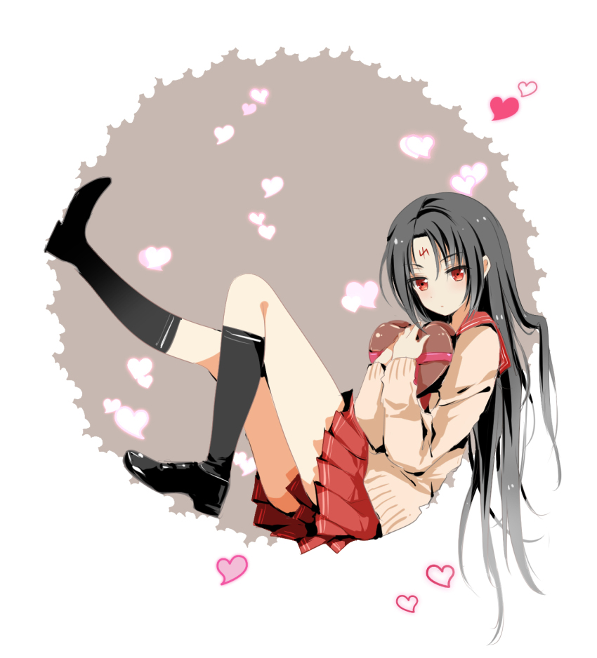 1boy alternate_costume alternate_universe black_shoes box commentary_request crossdressing crossdressing_(mtf) facial_mark fire_emblem fire_emblem:_path_of_radiance forehead_mark grey_hair heart-shaped_box highres kneehighs long_hair looking_at_viewer male_focus mana_(tonyandtony) nintendo pleated_skirt red_eyes sailor_collar school_uniform serafuku shoes skirt socks solo soren_(fire_emblem)