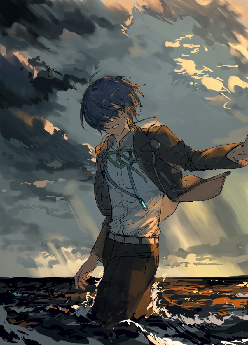 1boy artist_request beach blue_hair bow cloud digital_media_player digital_walkman gekkoukan_high_school_uniform hair_over_one_eye happy highres jacket long_sleeves looking_at_viewer male_focus ocean open_mouth persona persona_3 ribbon school_uniform shirt short_hair smile solo sunset wading walkman_nw-s203f waves yuuki_makoto_(persona_3)
