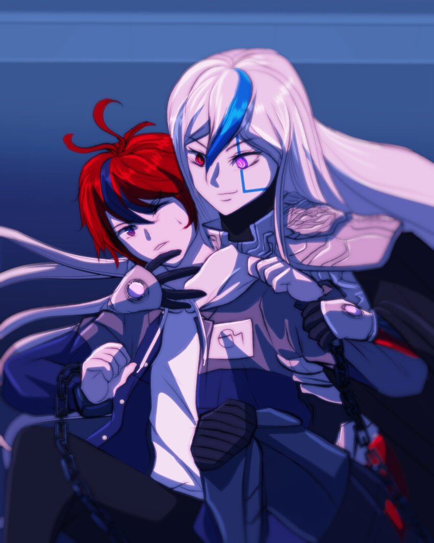 1boy 1girl absurdres ahoge black_bodysuit blue_eyes bodysuit cape colored_skin gloves grabbing_from_behind grey_skin hand_on_another&#039;s_arm hand_on_another&#039;s_face height_difference highres hood hoodie kanna_productions long_hair looking_at_another multicolored_hair red_hair shirt short_hair streaked_hair sumino_takumi the_hundred_line_-last_defense_academy- two-tone_bodysuit v&#039;ehxness white_hair white_hoodie