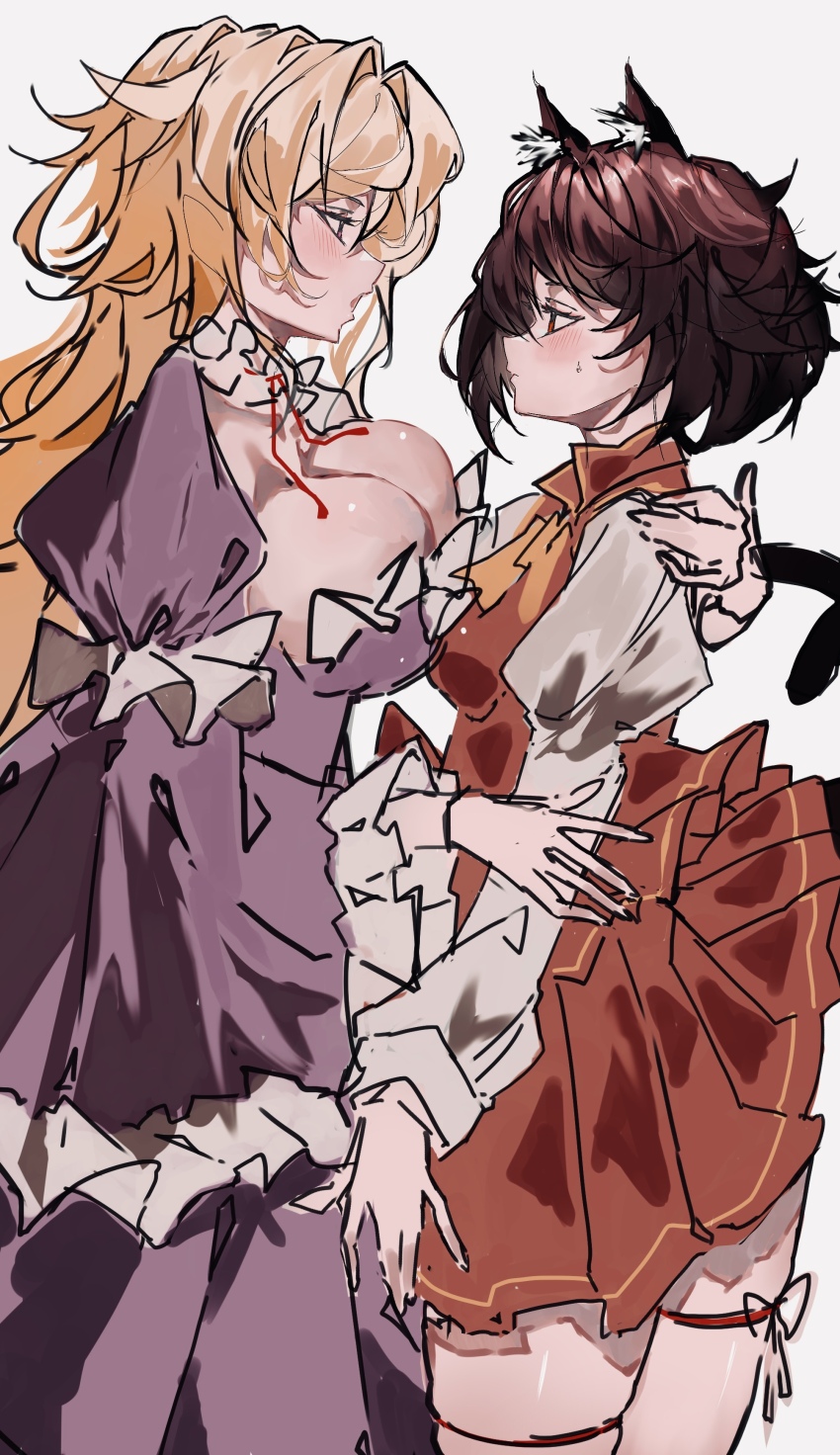 2girls absurdres animal_ears asymmetrical_docking black_hair blonde_hair blush breast_press breasts cat_ears cat_girl cat_tail chen cleavage dress embarrassed face-to-face flustered frilled_sleeves frills hand_on_another&#039;s_back height_difference highres large_breasts layered_sleeves leg_ribbon long_hair long_sleeves looking_at_another messy_hair multiple_girls multiple_tails pleated_skirt po_(anhk5528) purple_dress red_ribbon red_shirt red_skirt ribbon shirt short_hair short_over_long_sleeves short_sleeves simple_background skirt sleeveless sleeveless_shirt small_breasts steam tail thigh_ribbon touhou two_tails very_long_hair white_background white_shirt wide_sleeves yakumo_yukari yuri