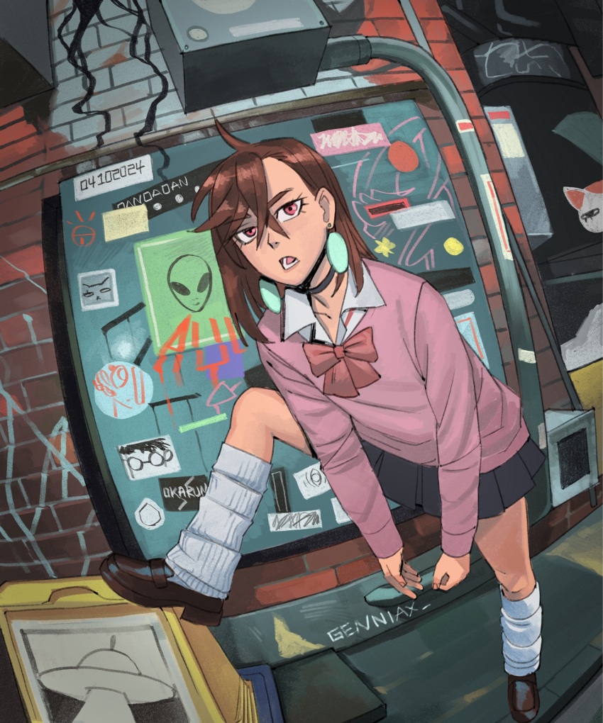 1girl artist_name ayase_momo black_choker bow bowtie brown_eyes brown_hair choker commentary dandadan earrings genniax hair_behind_ear hair_between_eyes highres jewelry long_sleeves looking_at_viewer loose_bowtie loose_socks pendant_earring pink_sweater short_hair socks solo sweater