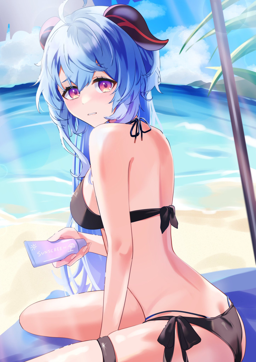 1girl ass back bikini black_bikini blue_hair blush breasts butt_crack ganyu_(genshin_impact) genshin_impact goat_horns hair_between_eyes highres holding horns long_hair looking_at_viewer marufus medium_breasts ocean purple_eyes solo swimsuit