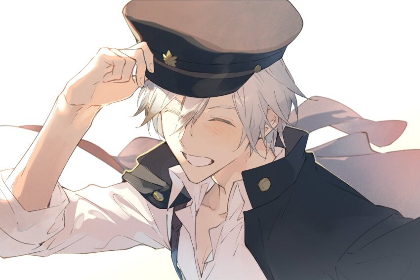 1boy black_hair black_hat closed_eyes dress_shirt gakuran hat highres jacket jacket_on_shoulders ludger_will_kresnik male_focus multicolored_hair official_alternate_costume open_mouth peaked_cap removing_hat school_uniform shirt simple_background sleeves_rolled_up smile solo suspenders tales_of_(series) tales_of_xillia tales_of_xillia_2 two-tone_hair white_background white_hair white_shirt xing_20
