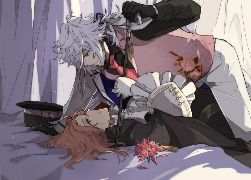 2boys bed black_cape black_gloves black_hat black_shirt blue_ribbon boutonniere bow cane cape chaldea_logo closed_mouth coat coat_partially_removed collared_shirt curtains eye_contact face-to-face fate/grand_order fate_(series) floral_print flower frilled_sleeves frills gloves green_eyes hair_ribbon hat hat_bow holding holding_cane long_hair long_sleeves looking_at_another lying male_focus merlin_(fate) merlin_(fgo_x_takarazuka_kinen)_(fate) multiple_boys necktie official_alternate_costume on_back orange_hair pants pink_flower pink_necktie pink_vest pinned print_vest purple_eyes purple_hair ribbon romani_archaman romani_archaman_(count_romani_archaman&#039;s_hospitality) ruoyin shirt smile sweat unworn_hat unworn_headwear vest white_coat white_gloves white_pants wing_collar yaoi yukadon