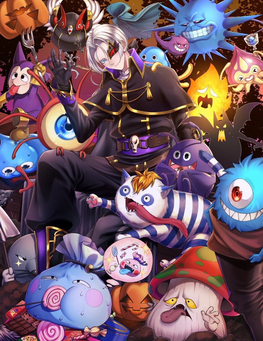 &gt;_&lt; 1boy 6+others :d black_cape black_capelet black_gloves blue_eyes candy candy_cane cape capelet character_request chocolate chocolate_bar colored_eyelashes commentary_request cookie dancing_flame dracky dragon_quest dragon_quest_rivals dragon_quest_viii eyepatch fang food fork funghoul gloves goodybag_(dragon_quest) halloween halloween_costume healslime highres holding holding_fork image_in_thought_bubble imp_(dragon_quest) jack-o&#039;-lantern jailcat kukuru_(dq8) liquid_metal_slime_(dq) lollipop low_ponytail mechanical_wings monster multiple_others official_alternate_costume open_mouth parted_hair ponytail ramino444 red_eyes sitting slime_(dragon_quest) smile soul_mole_(dragon_quest) sparkle speech_bubble sweatdrop thought_bubble tongue tongue_out white_eyelashes white_hair wings wrapped_candy xd