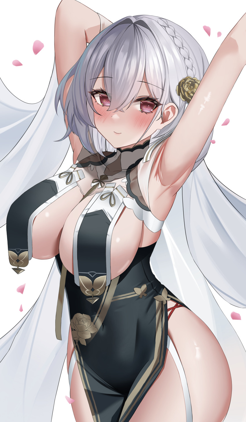 1girl absurdres armpits arms_up azur_lane bare_shoulders blush braid breast_curtains breasts china_dress chinese_clothes cleavage closed_mouth commentary covered_collarbone cowboy_shot crossed_bangs dress flower garter_straps grey_dress grey_hair hair_between_eyes hair_flower hair_intakes hair_ornament highres large_breasts looking_at_viewer official_alternate_costume pelvic_curtain red_eyes ribbon_between_breasts short_hair side_braid sidelocks simple_background sirius_(azur_lane) sirius_(azure_horizons)_(azur_lane) skindentation smile solo standing white_background wynnblue
