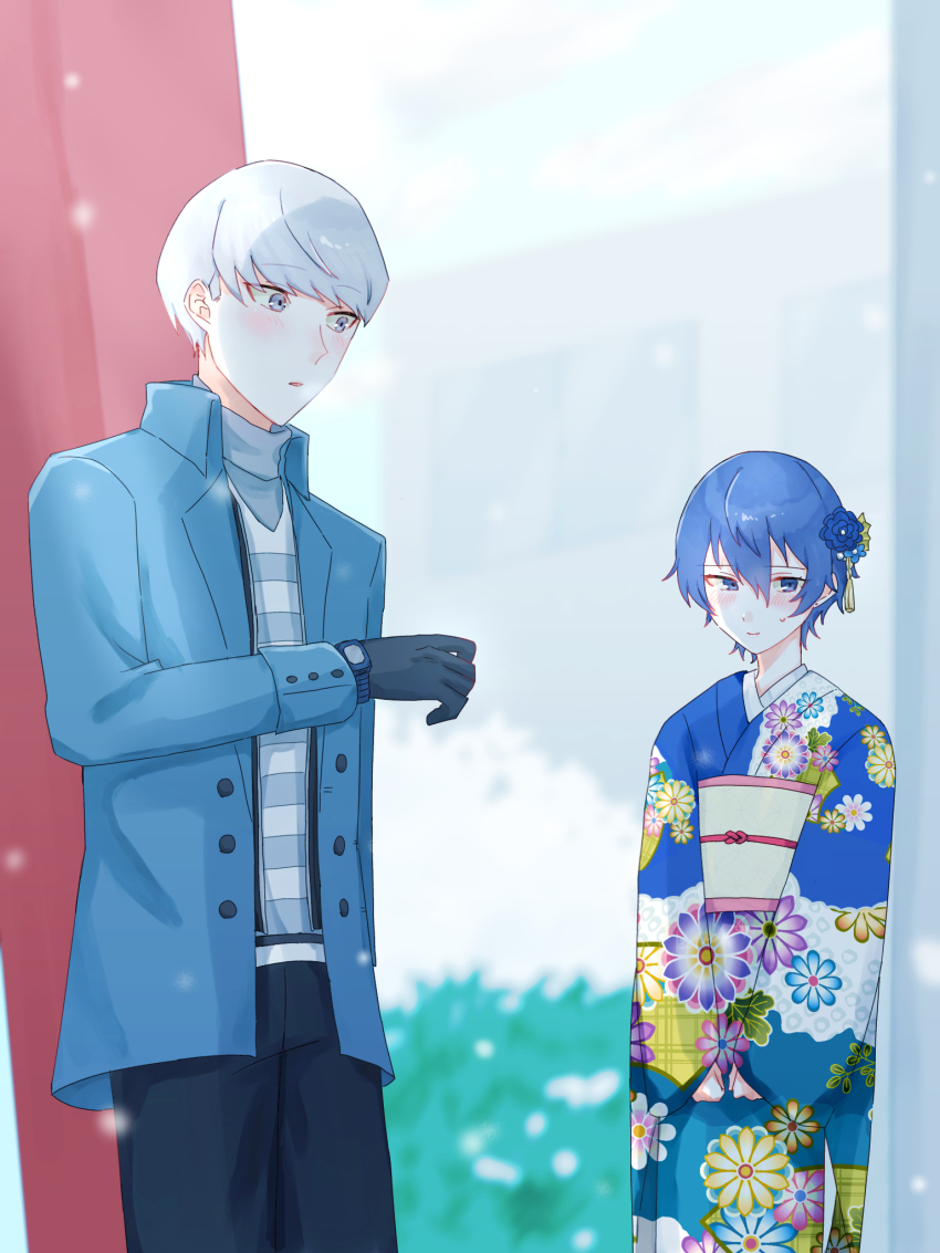 1boy 1girl alternate_costume black_gloves black_pants blue_eyes blue_hair blue_jacket blue_kimono blush commentary_request floral_print floral_print_kimono gloves grey_eyes grey_hair hair_between_eyes height_difference highres jacket japanese_clothes kimono konpekisan long_sleeves looking_at_another narukami_yu obi open_clothes open_jacket pants persona persona_4 print_kimono sash shirogane_naoto short_hair sweatdrop yukata