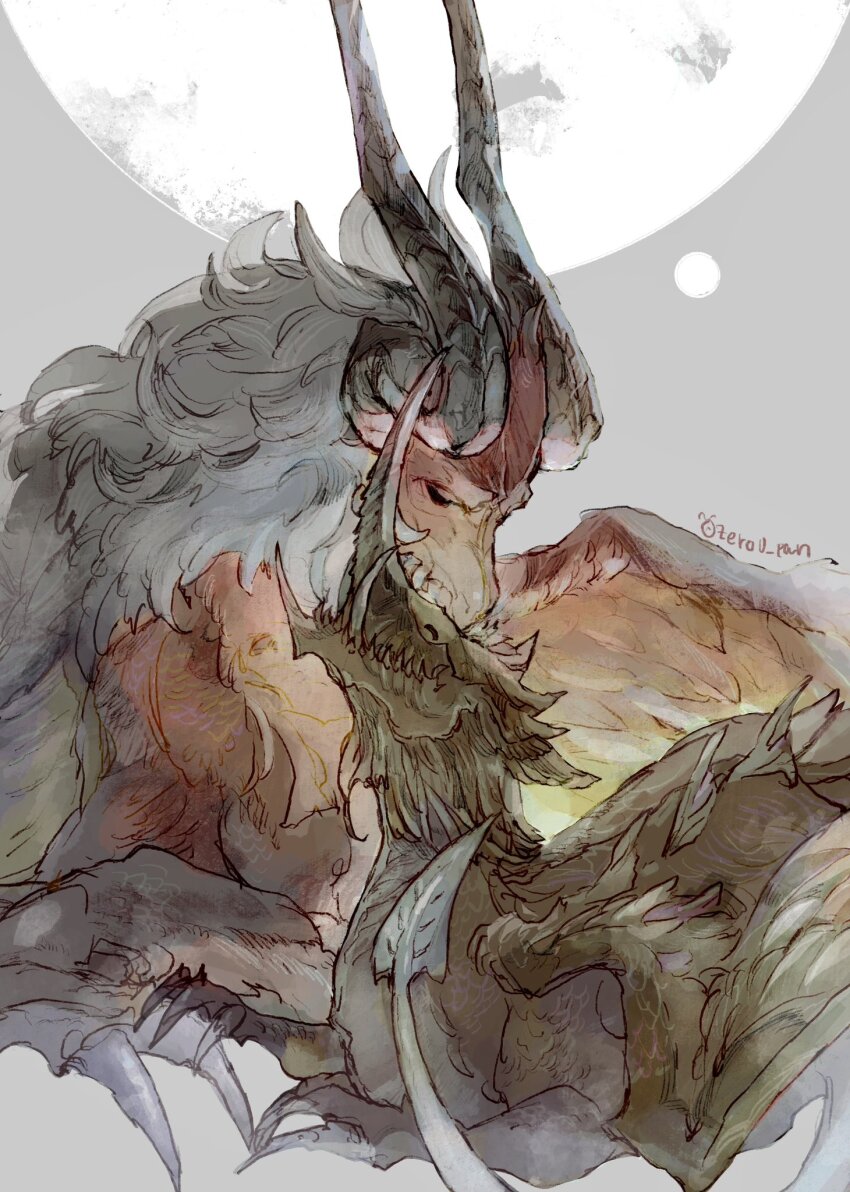 ^_^ artist_name azdaja_(ff14) brother_and_sister claws closed_eyes commentary curled_horns dragon feathered_wings final_fantasy final_fantasy_xiv from_side full_moon grey_background highres horns lying moon no_humans on_stomach scales sharp_teeth siblings signature smile spiked_tail tail teeth tusks upper_body vrtra_(final_fantasy) wings zerou_pan