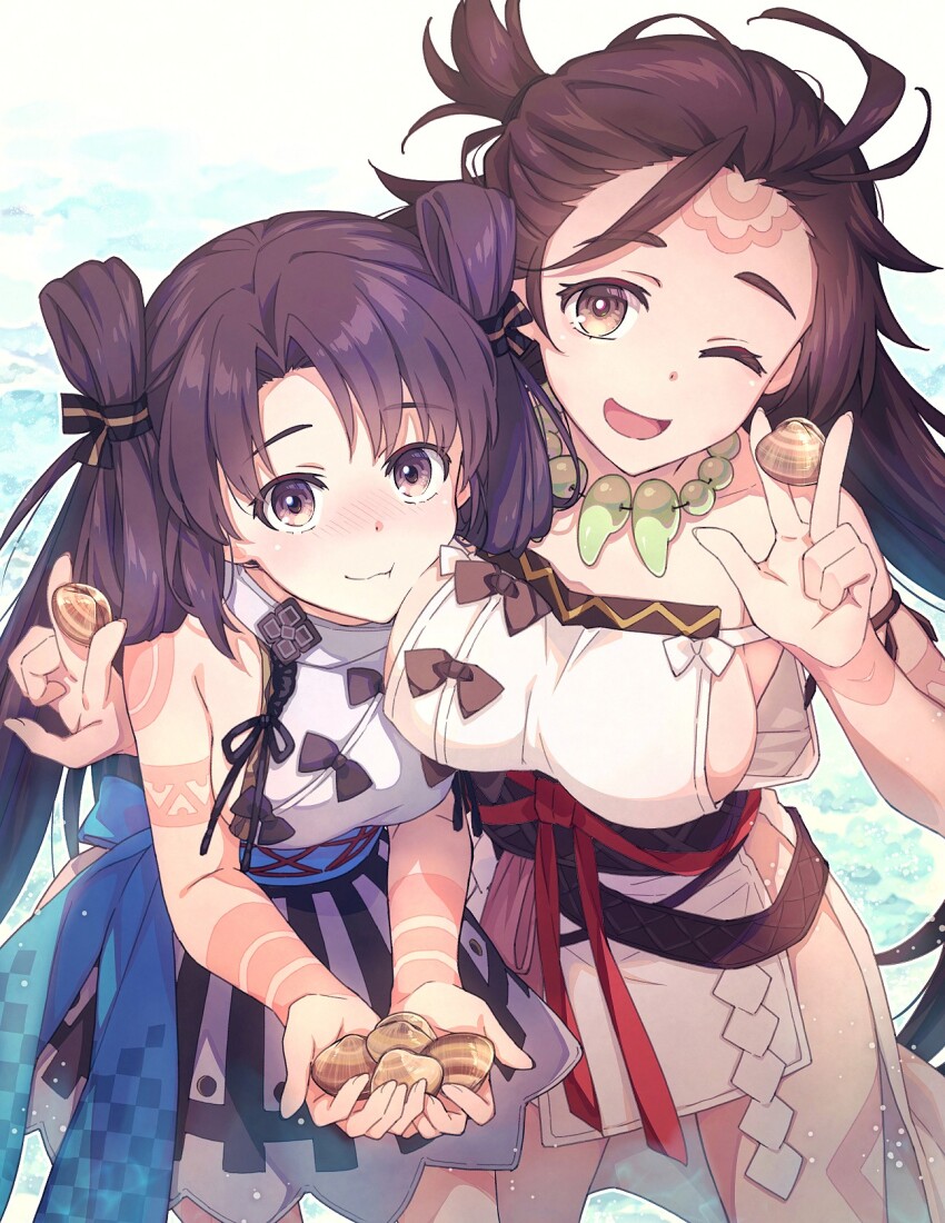2girls ahoge backless_dress backless_outfit bare_shoulders between_fingers blush body_markings breasts brown_eyes brown_hair clam dress facial_mark fate/grand_order fate_(series) forehead forehead_mark grey_dress highres himiko_(fate) himiko_(first_ascension)_(fate) holding iyo_(fate) jewelry large_breasts long_hair looking_at_viewer magatama magatama_necklace medium_breasts multiple_girls necklace one_eye_closed open_mouth parted_bangs saipaco sash side_slit sideboob sleeveless sleeveless_dress smile thighs topknot twintails very_long_hair white_dress