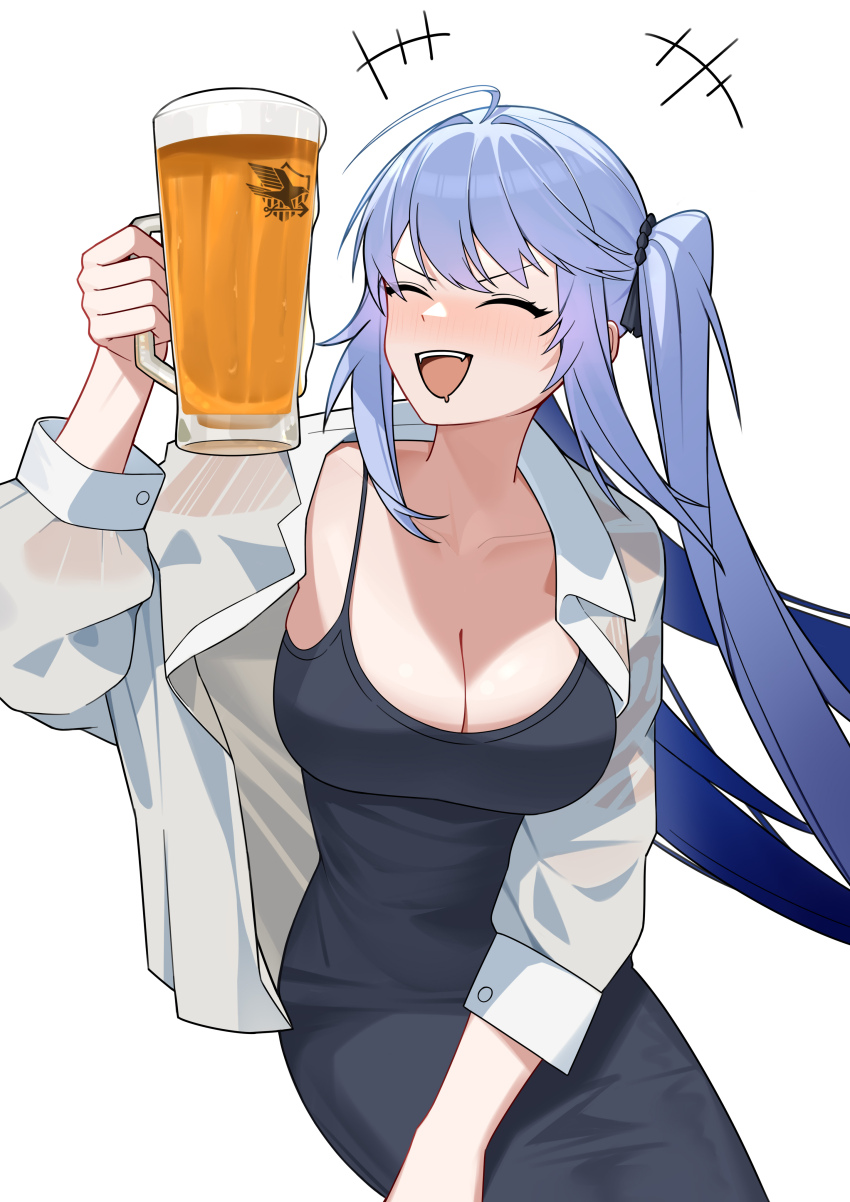 1girl absurdres adapted_costume ahoge alcohol azur_lane bead_tail_ornament beer beer_mug blue_dress blue_hair blush breasts casual chinese_commentary cleavage closed_mouth collarbone collared_shirt commentary_request cup dress drinking_glass drunk eagle_union_(emblem) essex_(azur_lane) essex_(crossbones_especial)_(azur_lane) foam hand_up highres holding holding_cup large_breasts long_hair mug official_alternate_costume open_clothes open_mouth open_shirt saliva shirt sidelocks simple_background sitting smile solo spaghetti_strap teeth twintails upper_teeth_only very_long_hair white_background white_shirt xin_sanmu