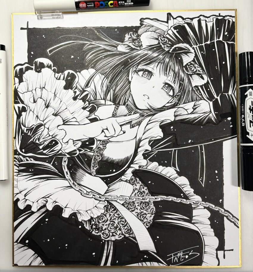 1girl breasts chain chiba_toshirou cosplay dress highres kitagawa_marin kuroe_shizuku kuroe_shizuku_(cosplay) large_breasts looking_at_viewer monochrome photo_(medium) shikishi short_hair solo sono_bisque_doll_wa_koi_wo_suru traditional_media
