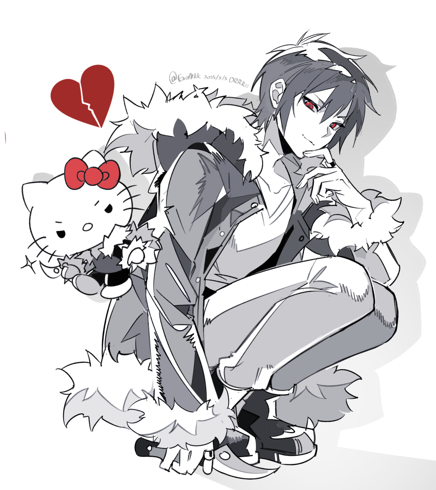 1boy 1girl absurdres alternate_costume arm_up boots broken_heart cat_girl collarbone cosplay drop_shadow eromkk finger_to_mouth full_body fur-trimmed_hood fur-trimmed_jacket fur-trimmed_sleeves fur_trim greyscale hair_behind_ear hair_between_eyes heart hello_kitty hello_kitty_(character) highres holding holding_weapon hood hood_down hooded_jacket jacket jewelry kneeling long_sleeves looking_to_the_side monochrome open_clothes open_jacket orihara_izaya orihara_izaya_(cosplay) pants parted_bangs red_eyes ring sanrio shirt shoes short_hair sideways_glance spot_color v-neck weapon whiskers white_background