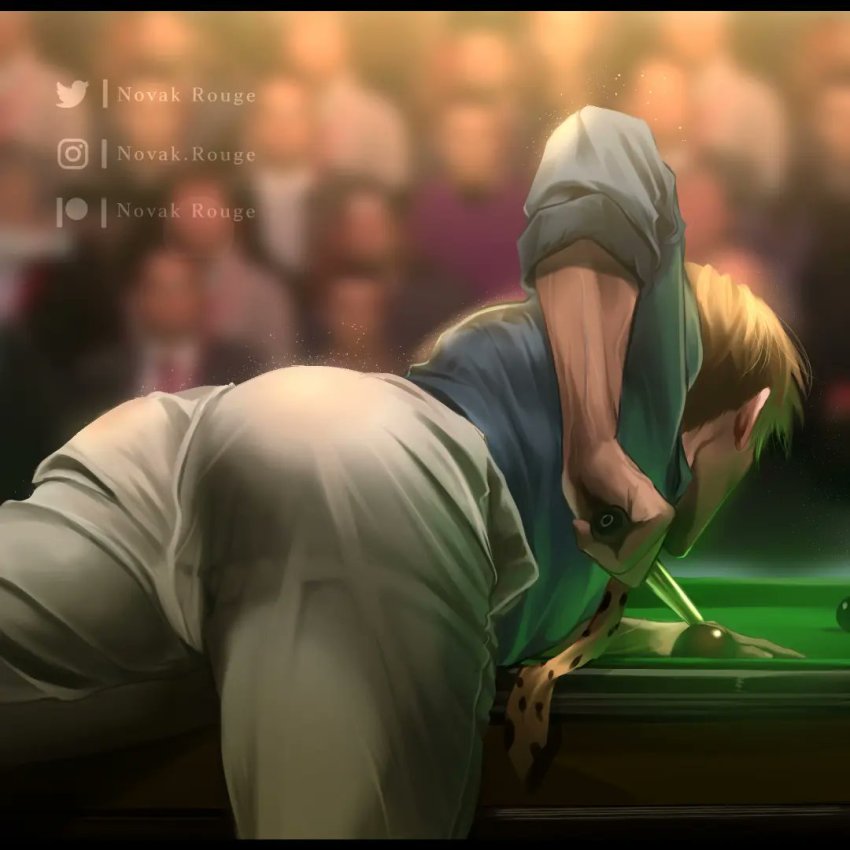 1boy ass ass_focus back ball billiard_ball billiards blonde_hair blue_shirt blurry blurry_background cue_stick holding_cue_stick instagram_username jujutsu_kaisen male_focus nanami_kento necktie novakrouge pants patreon_username pool_table shirt short_hair sleeves_rolled_up solo table twitter_logo twitter_username undefined white_pants