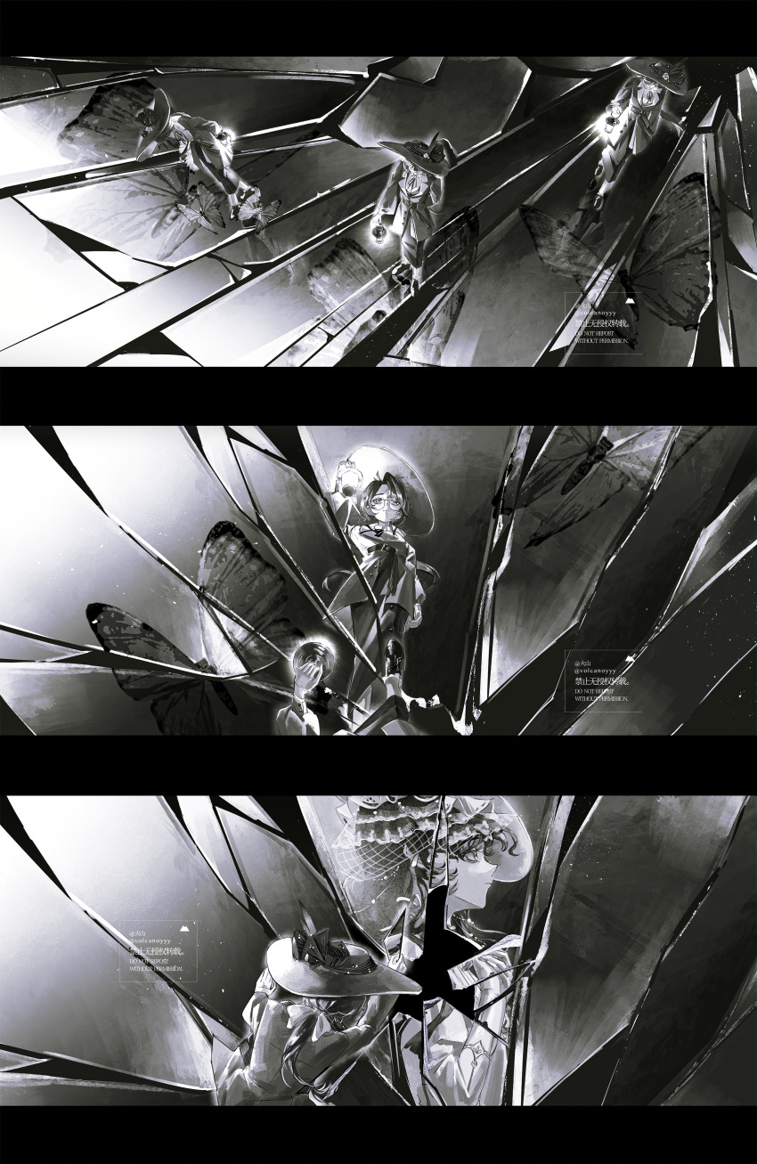 2girls absurdres bow broken_glass broken_mirror bug butterfly clone different_reflection glass glass_shards glasses greyscale hair_bow highres holding holding_lantern insect isolde_(reverse:1999) jacket kakania_(reverse:1999) lantern long_skirt low_ponytail mirror monochrome multiple_girls picture_hat ponytail profile reflection reverse:1999 shoes skirt volcanoyyy walking watermark
