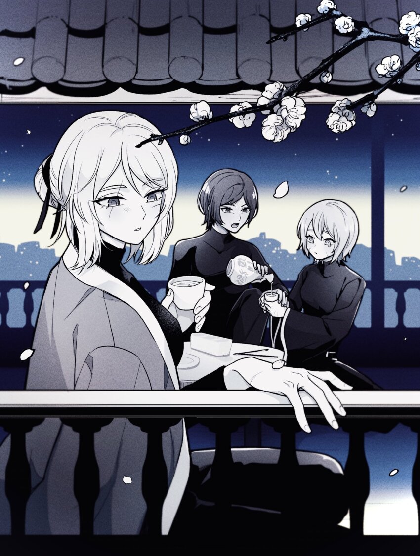 3girls architecture blue_background choko_(cup) cityscape closed_mouth coat coat_on_shoulders cup don_quixote_(project_moon) east_asian_architecture expressionless facial_scar faust_(project_moon) flower greyscale_with_colored_background hair_between_eyes hair_bun hair_ribbon hand_on_railing highres holding holding_cup lcwy4149 limbus_company long_sleeves multiple_girls open_mouth outis_(project_moon) pants plate plum_blossoms pouring project_moon railing ribbon scar scar_across_eye scar_on_cheek scar_on_face shirt short_hair single_hair_bun sitting star_(sky) table tearing_up tokkuri turtleneck turtleneck_shirt wide_sleeves