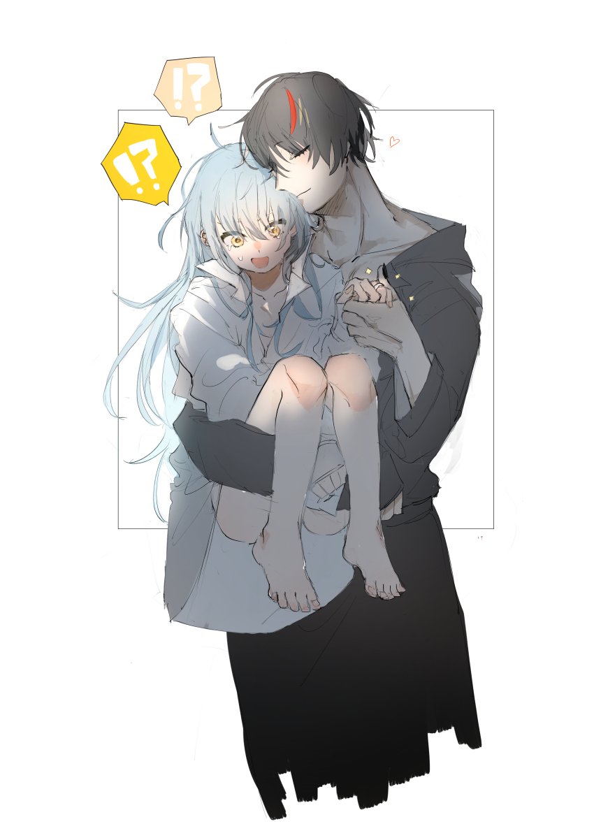 2others absurdres androgynous ascot black_hair blue_coat blue_hair coat demon_boy diablo_(tensura) formal_clothes genderswap genderswap_(otf) hair_between_eyes highres humanization kono_subarashii_sekai_ni_shukufuku_wo! multiple_others rimuru_tempest rimuru_tempest_(slime) speech_bubble tensei_shitara_slime_datta_ken yellow_eyes