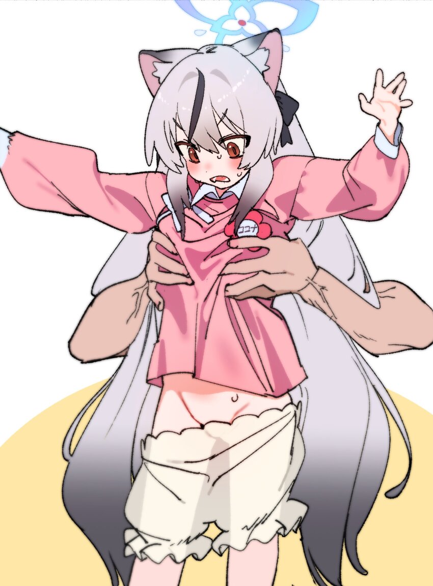 absurdres animal_ears bloomers blue_archive blue_halo brown_eyes disembodied_arm grey_hair groin halo highres je_o_mo kindergarten_uniform kokona_(blue_archive) lifting_person loli long_sidelocks long_sleeves looking_down multicolored_hair name_tag outstretched_arms pink_shirt see-through_bloomers see-through_clothes shirt sidelocks spread_arms streaked_hair tiger_ears tiger_girl two-tone_hair underwear