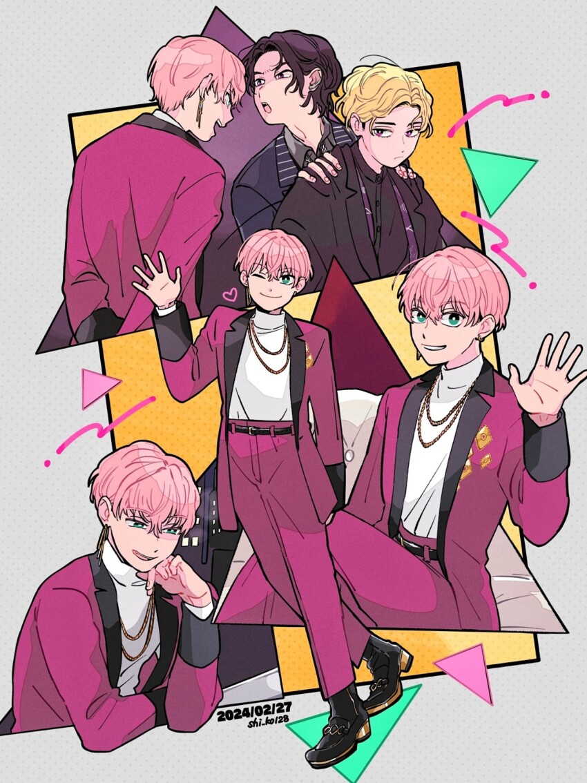 2024 3boys adk-em artist_name bandai bandai_namco belt black_hair blonde_hair costume green_eyes hayate_(ride_kamens) heart highres horobi_(kamen_rider_01) ishimori_prod jin_(kamen_rider_01) kamen_rider kamen_rider_01_(series) liber_entertainment metsuboujinrai.net multiple_boys pink_eyes pink_hair purple_eyes ride_kamens shi_ko128 tagme toei_company tv_asahi twitter wisdom_thinks