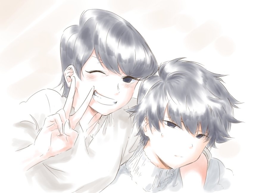1boy 1girl arm_on_another&#039;s_shoulder black_eyes black_hair komi-san_wa_komyushou_desu komi_shousuke komi_shuuko looking_at_viewer mature_female mitsugu mother_and_son one_eye_closed smile source_request v white_background