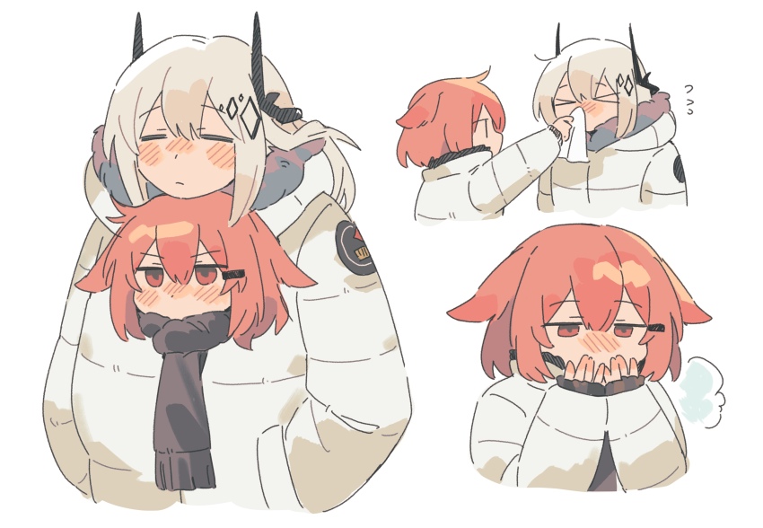 &gt;_&lt; 2girls =_= absurdres animal_ears arknights black_horns blowing_nose blush_stickers brown_scarf chinese_commentary closed_eyes closed_mouth cold commentary_request cropped_torso crownslayer_(arknights) dopperu_ben flying_sweatdrops grey_hair grey_jacket hair_between_eyes hair_ornament hairclip hands_in_pockets highres holding_napkin horns jacket long_sleeves medium_hair mudrock_(arknights) multiple_girls napkin no_mouth outstretched_arm profile red_eyes red_hair scarf shared_clothes shared_coat short_hair simple_background sleeves_past_wrists white_background winter_clothes