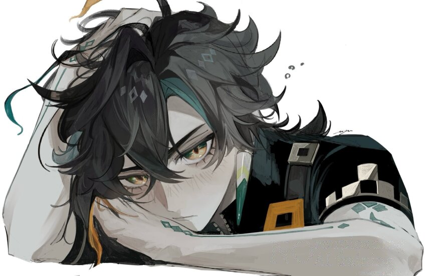 1boy black_hair blue_hair blush closed_mouth co6_3g crossed_bangs earrings genshin_impact green_eyes hair_between_eyes hand_on_own_head highres jewelry kinich_(genshin_impact) looking_at_viewer lower_eyelashes_only male_focus multicolored_eyes multicolored_hair orange_hair short_sleeves simple_background solo upper_body white_background