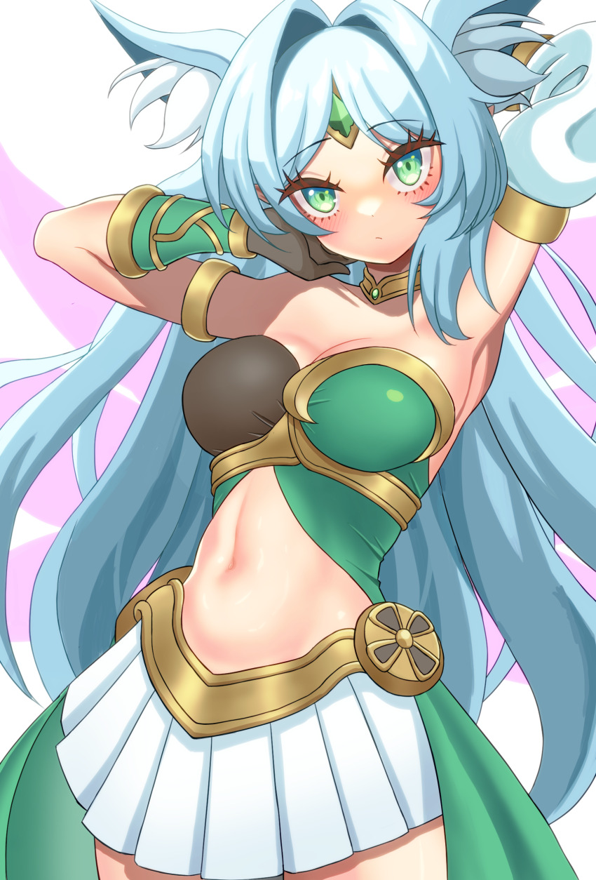 1girl absurdres animal_ears apollousa_bow_of_the_goddess armpits arms_up blue_hair bracelet crop_top duel_monster green_eyes highres jewelry kuroguy looking_at_viewer midriff navel skirt solo white_background white_skirt yu-gi-oh!
