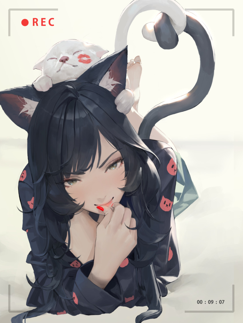 1girl animal animal_ear_fluff animal_ears animal_on_head black_eyes black_hair black_shirt black_tail cat cat_ears cat_girl cat_tail closed_mouth commentary dated_commentary english_commentary feet_up final_fantasy final_fantasy_xiv fingernails hand_on_own_chin highres jung_wonjo lips lipstick_mark long_hair long_sleeves lying nail_polish on_head on_stomach original recording red_nails shirt slit_pupils smile solo tail warrior_of_light_(ff14) white_background white_cat