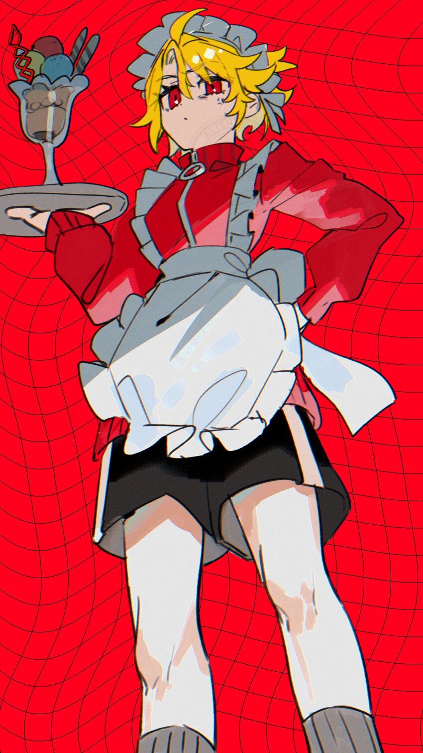 1girl absurdres alternate_costume anger_vein apron black_shorts blonde_hair closed_mouth don_quixote_(project_moon) food hamelon310 highres holding holding_tray ice_cream jacket limbus_company looking_at_viewer maid_apron maid_headdress parted_bangs project_moon red_background red_eyes red_jacket sancho_(project_moon) short_hair shorts simple_background solo standing tray upper_body white_apron