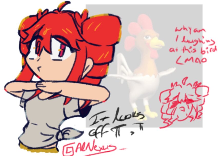 1girl alnexus birdbrain_(synthesizer_v) breasts chibi chibi_inset drill_hair grey_skirt hands_up kasane_teto red_eyes short_hair short_sleeves sidelocks simple_background skirt solo twin_drills twitter_username utau white_background