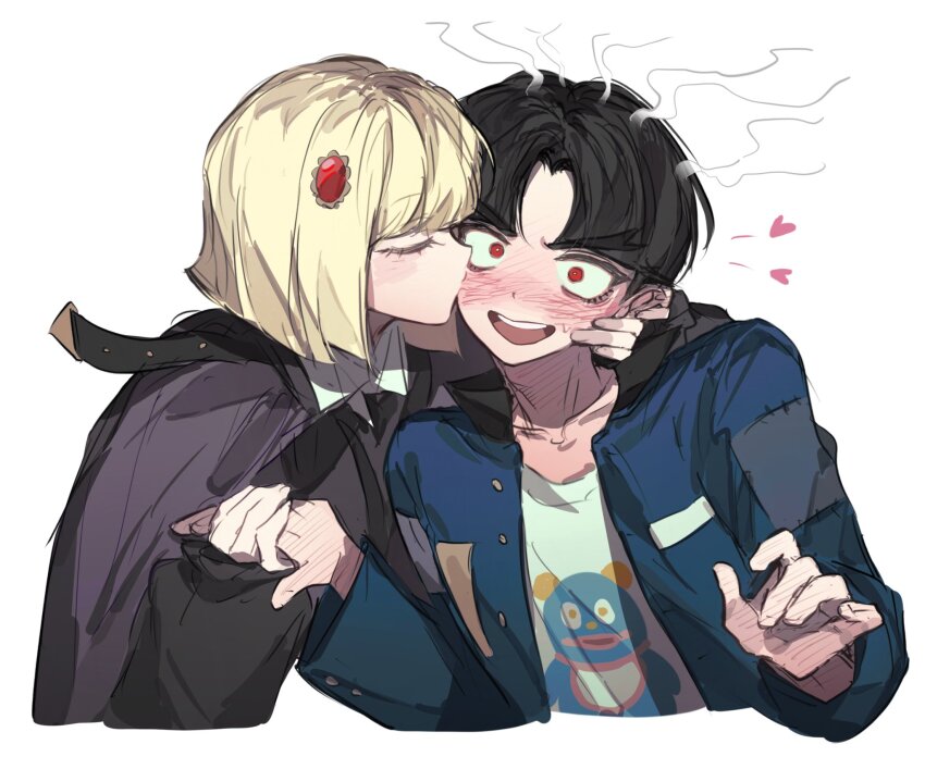 1boy 1girl anzekeye black_hair blonde_hair blush closed_eyes hair_ornament heart highres holding_hands kiss kissing_cheek maruko_gaku oosuzuki_kurara open_mouth red_eyes simple_background teeth the_hundred_line_-last_defense_academy- upper_teeth_only white_background