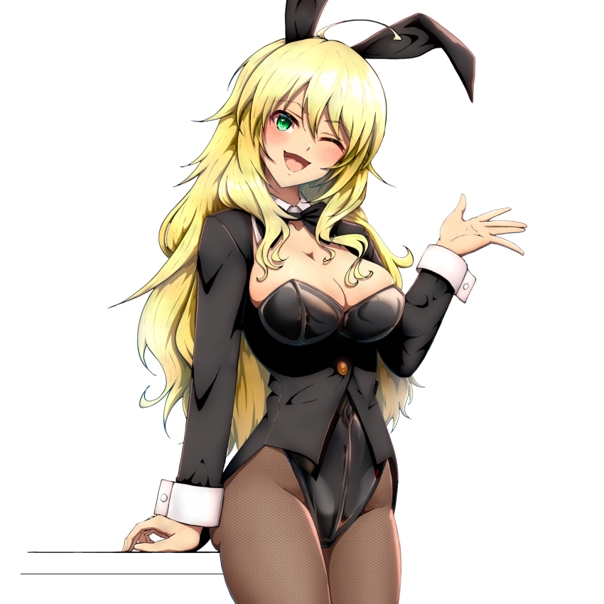 1girl animal_ears arm_support blonde_hair blush bow bowtie breasts brown_pantyhose cleavage fake_animal_ears gradient_background green_eyes heart highres hitofudegaki_usagi hoshii_miki idolmaster large_breasts leaning_on_table leotard long_hair long_sleeves one_eye_closed open_mouth pantyhose playboy_bunny rabbit_ears smile solo waving wrist_cuffs
