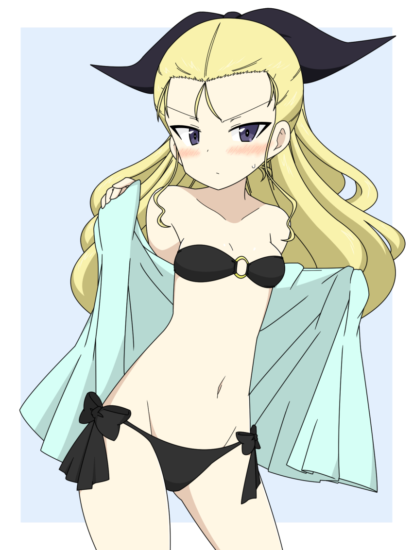 1girl assam_(girls_und_panzer) bikini black_bikini black_ribbon blonde_hair blue_background blue_eyes blush breasts closed_mouth cowboy_shot frown girls_und_panzer groin hair_pulled_back hair_ribbon highres holding holding_towel ichinose_jun long_hair looking_at_viewer navel o-ring o-ring_bikini ribbon side-tie_bikini_bottom small_breasts solo standing strapless strapless_bikini sweatdrop swimsuit towel