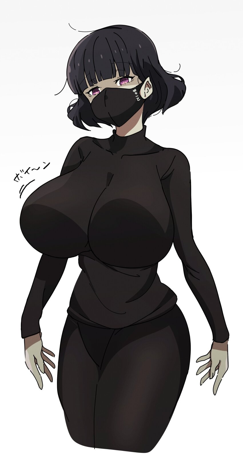 1girl absurdres black_hair black_skirt black_sweater blunt_bangs breasts goumonsha highres huge_breasts kurokirishima_yui_(goumonsha) long_skirt long_sleeves mask mouth_mask original purple_eyes short_hair simple_background skirt sweater white_background