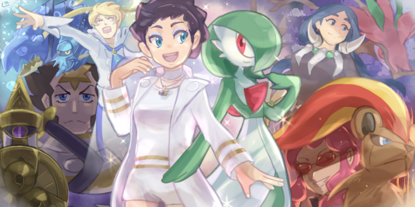 2boys 3girls aegislash blonde_hair blue_eyes blue_skin brown_fur brown_hair bubble clawitzer colored_skin diantha_(pokemon) dragalge drasna_(pokemon) eyeshadow gardevoir gen_3_pokemon gen_6_pokemon holding holding_shield jacket jewelry makeup mega_stone multicolored_fur multiple_boys multiple_girls necklace niji_(shihio) nintendo one-eyed open_clothes open_jacket open_mouth pink_eyes pink_hair pokemon pokemon_(creature) pokemon_xy purple_eyes pyroar pyroar_(female) shield siebold_(pokemon) smile smirk sword tinted_eyewear weapon white_jacket wikstrom_(pokemon)