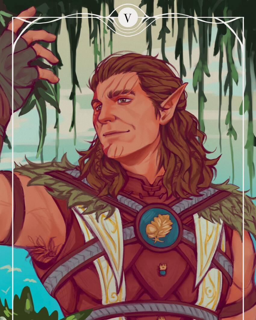 1boy arm_up armpit_hair armpits baldur&#039;s_gate baldur&#039;s_gate_3 brown_hair card_(medium) dark-skinned_male dark_skin dungeons_&amp;_dragons elf halsin highres inset_border male_focus mature_male medium_hair muscular muscular_male nature pointy_ears sleeveless smile solo tarot tarot_(medium) the_hierophant_(tarot) thick_eyebrows thom_sketching tribal turning_head upper_body