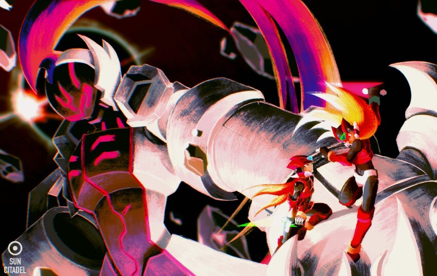 1other 2boys android armor battle black_armor black_bodysuit black_gloves blonde_hair blue_gemstone blurry blurry_background bodysuit boots claws crop_top debris dual_persona eclipse energy_blade energy_sword fake_horns forehead_jewel full_armor gem giant gloves glowing_lines green_gemstone helmet highres horned_helmet horns in_palm knee_boots long_hair mega_man_(series) mega_man_zero_(series) mega_man_zero_3 multiple_boys multiple_persona neon_trim omega_(mega_man) plume ponytail red_eyes red_footwear red_hair red_helmet red_light red_shirt shirt sleeveless solar_eclipse sun_citadel sword tron weapon white_armor z_saber zero(z)_(mega_man) zero_(mega_man)