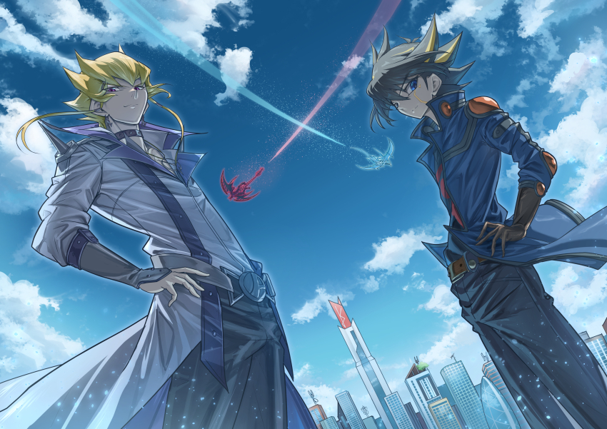 2boys absurdres belt black_choker black_hair black_pants black_shirt blonde_hair blue_eyes blue_jacket blue_sky brown_belt brown_gloves building choker city cityscape cloud cloudy_sky coat commentary cowboy_shot dappled_sunlight dragon elbow_gloves elbow_pads facial_mark facing_another facing_to_the_side fingerless_gloves flying fudo_yusei ganbariiiyo gloves grey_gloves hair_slicked_back hands_on_own_hips highres jack_atlas jacket light_particles looking_to_the_side male_focus multiple_boys open_clothes open_jacket outdoors pants popped_collar red_nova_dragon shirt shooting_star_dragon shoulder_pads shoulder_spikes sky skyline skyscraper smile spiked_hair spikes sunlight white_coat wind yu-gi-oh! yu-gi-oh!_5d&#039;s