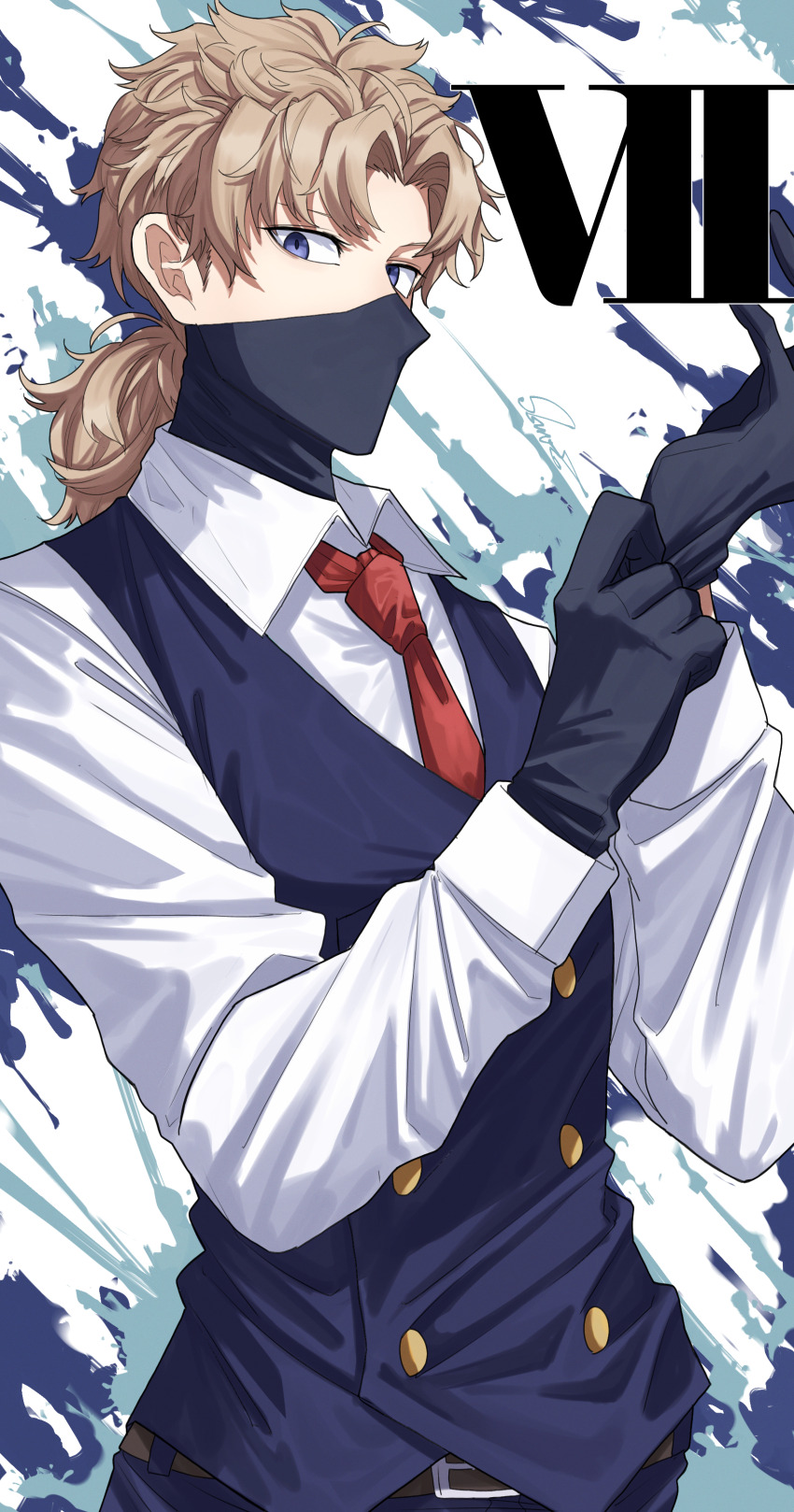 1boy abstract_background absurdres belt black_gloves black_vest blue_eyes brown_hair gloves highres low_ponytail male_focus mask medium_hair parted_bangs ponytail shirt shishiruto standing undead_unluck vest white_shirt
