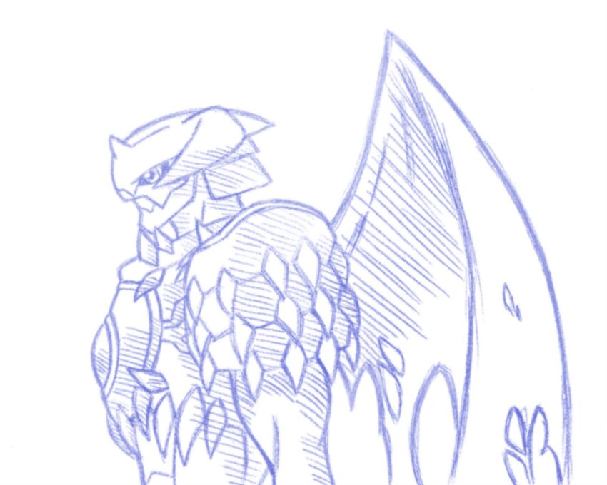 armor digimon digimon_(creature) dynasmon highres horns looking_to_the_side monochrome sharp_teeth sketch teeth traditional_media wings