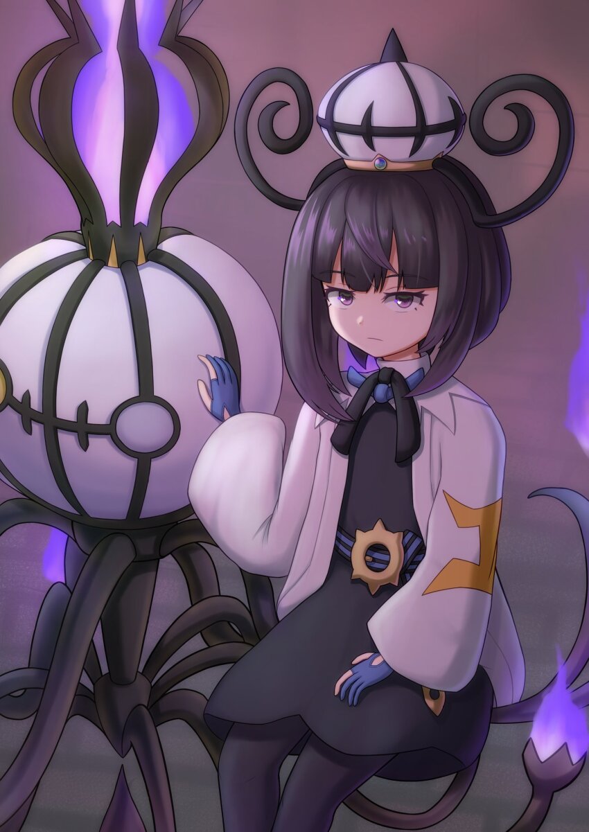 1girl black_dress black_hair black_pantyhose blue_gloves bob_cut chandelure closed_mouth coat dress gen_5_pokemon gloves gwynn_(pokemon) hat highres long_sleeves looking_at_viewer mega_chandelure mega_pokemon multicolored_hair nintendo offencearmor-0131 open_clothes open_coat pantyhose partially_fingerless_gloves pokemon pokemon_(creature) pokemon_legends:_z-a purple_eyes purple_hair short_hair simple_background sitting_on_pokemon two-tone_hair white_coat white_hat