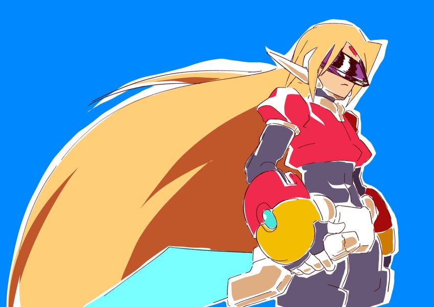 1boy android armor assault_visor blonde_hair blue_background cowboy_shot crotch_plate energy_sword facial_mark forehead_mark girouette_(mega_man) highres holding holding_sword holding_weapon lautricius long_hair male_focus mega_man_(series) mega_man_zx model_z_(mega_man) red_armor reverse_grip solo sword weapon